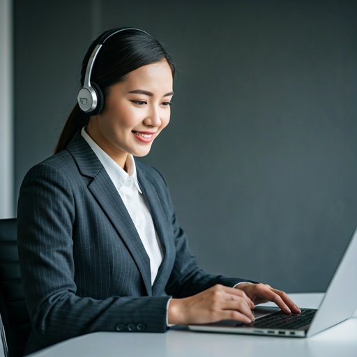 Professional insurance service representative in a clean minimalist office, wearing a headset and working on a laptop